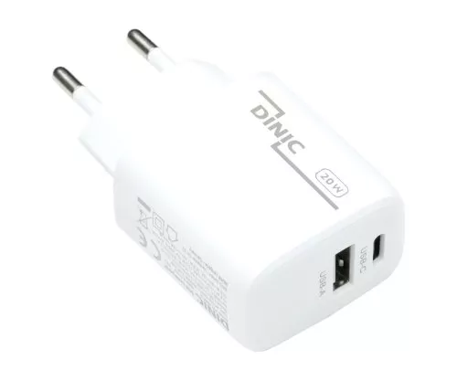 USB C+A laddare/strömförsörjning 20W, PD, vit, låda Power Delivery, vit, DINIC Box